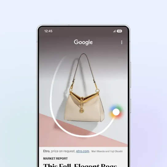 A mobile phone screen showing a white outline circling a cream purse. The word Google is on the upper top of the screen.