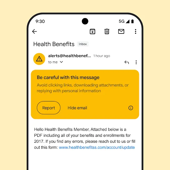 Visual of an email in Gmail on a smartphone screen, showing a security alert for a potential phishing attempt.