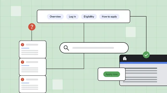 A vector illustration on a green grid background showing a flow chart of a simplified benefits application process. It transitions from a red question mark over complex text boxes to a central search bar, ending with a green checkmark and an "Apply now" button. Navigation buttons for "Overview," "Eligibility," and "How to apply" are at the top.