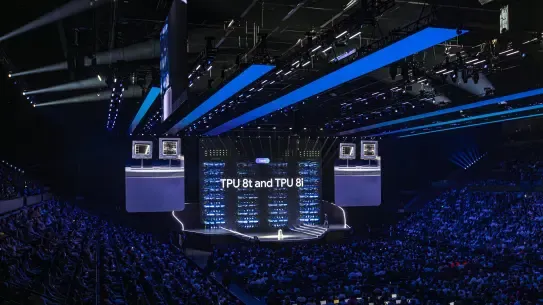 conference speaker stage with blue screens