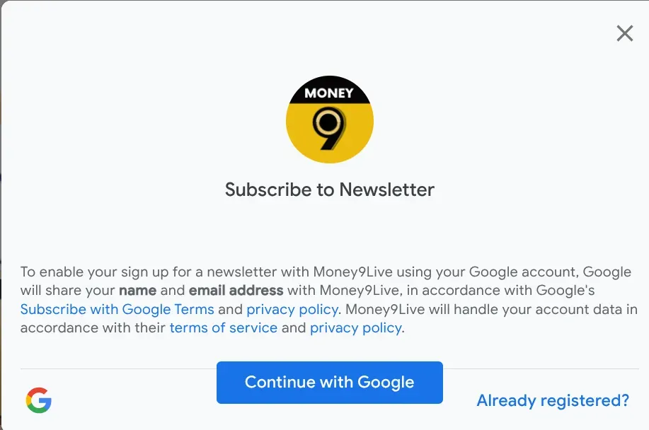 Screenshot of the RRMS Newsletter sign-up prompt on the Money9 Live site