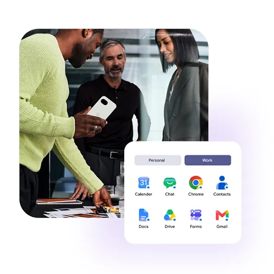 A graphic illustrating Google Workspace security features, showing a 'Work' profile UI with locked 'Work' app icons (like Gmail and Drive) overlaid on an office collaboration scene.