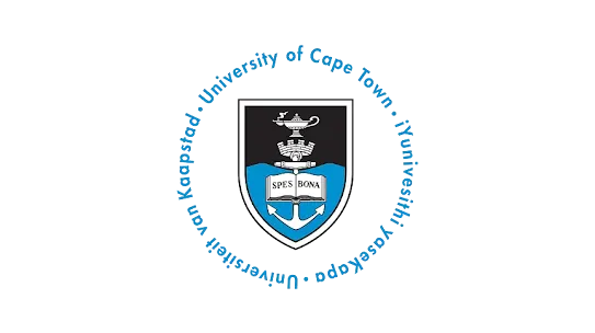 Official logo for the University of Cape Town featuring a central crest with an anchor, book, and oil lamp framed by a blue circular text ring on a white background.