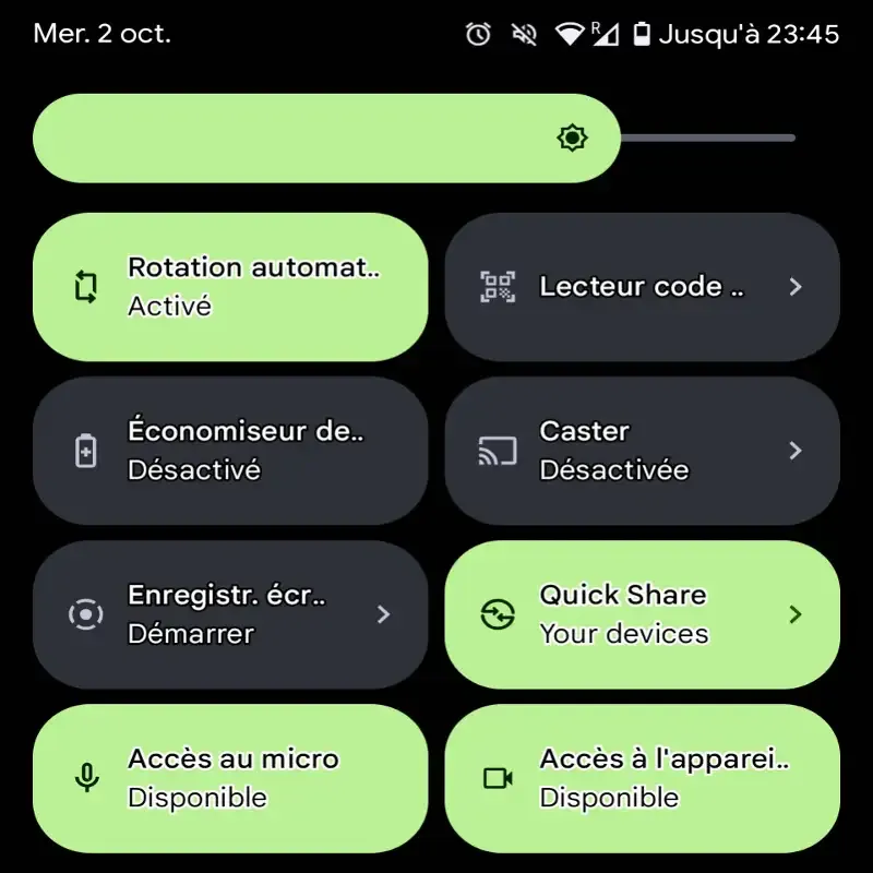 Panneau de paramètres rapides