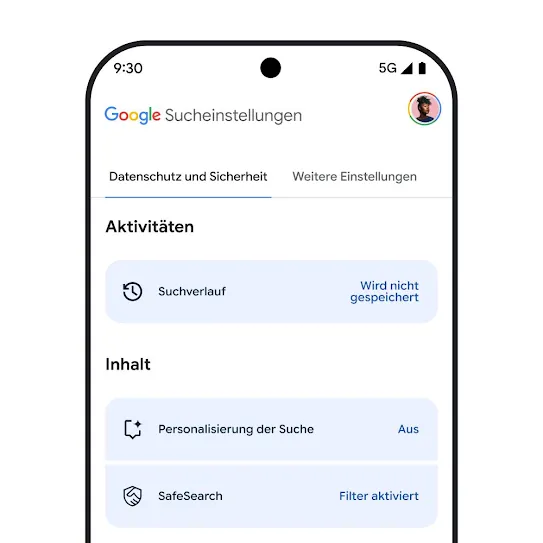 Bild der Einstellungen der Google Suche auf einem Smartphone, darunter die Einstellungen für den Suchverlauf, die Personalisierung der Suche und SafeSearch