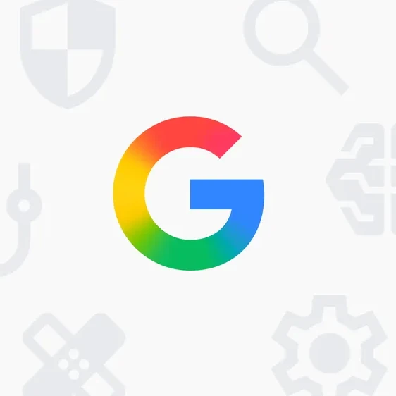 Multicolored Google 'G' logo centered on a white background, surrounded by faint gray icons representing concepts
