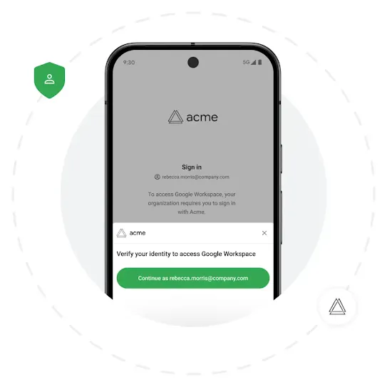 An Android screen shows a verification pop-up example Behind the phone is a grey solid circle and a dashed circle right outside it. Two security icons are scattered around the dashed circle.