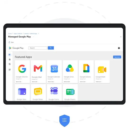 A device is showing a website page for Google Play’s device settings, highlighting the different featured apps. Behind the the device is a grey solid circle and a dashed circle right outside it. One blue shield icon is below the device.