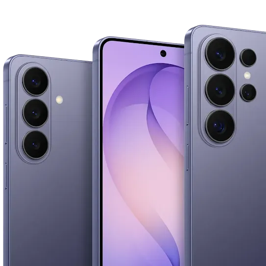 Front and back views of the Galaxy S26 Series phones.