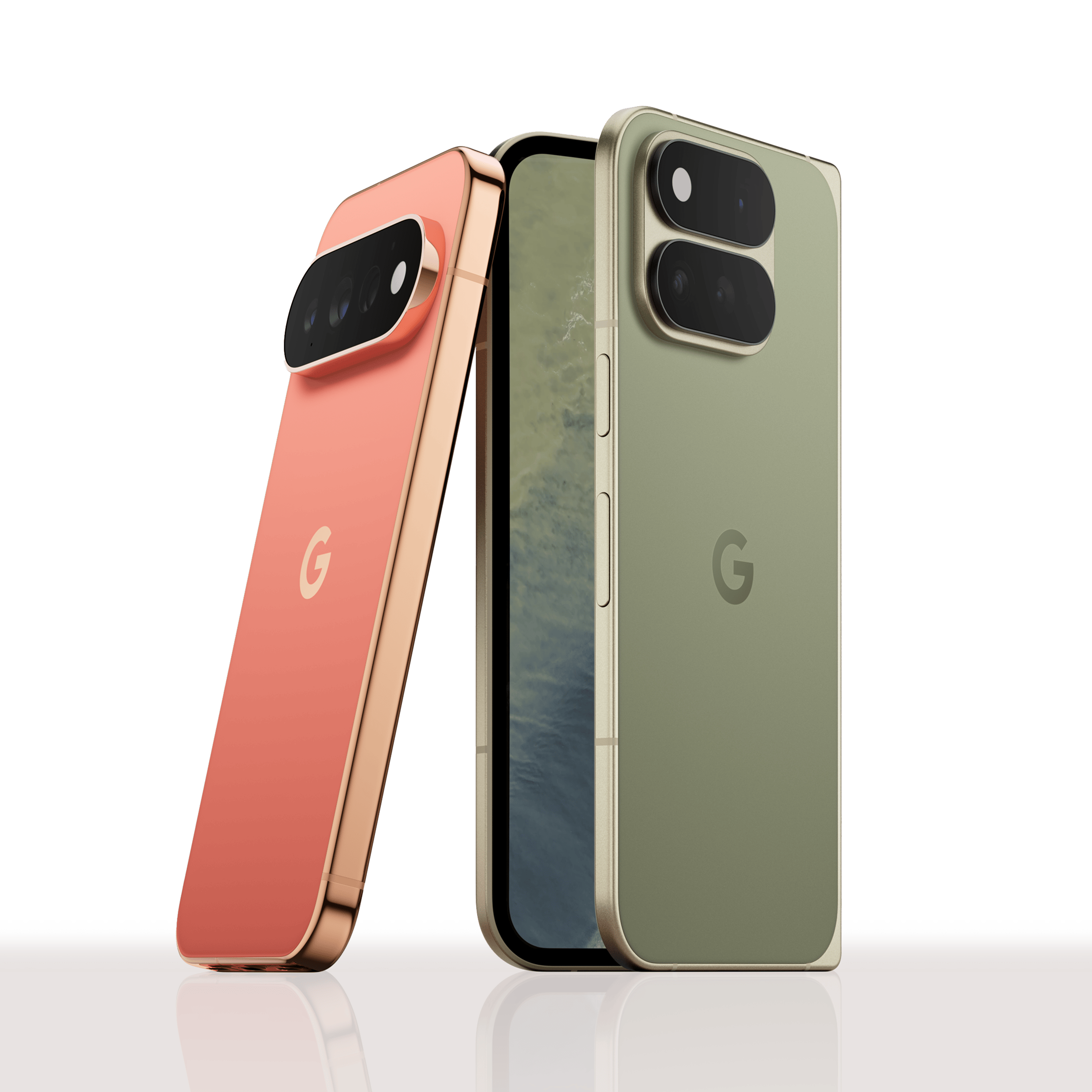 A Pixel 11 Pro in Canyon is leaning against a slightly unfolded Pixel 11 Pro Fold in Olive.