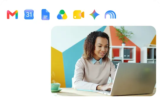 Young woman smiling while working on a laptop at a desk, with Google Workspace app icons—including Gmail, Calendar, Docs, Drive, Meet, and Gemini—floating above.