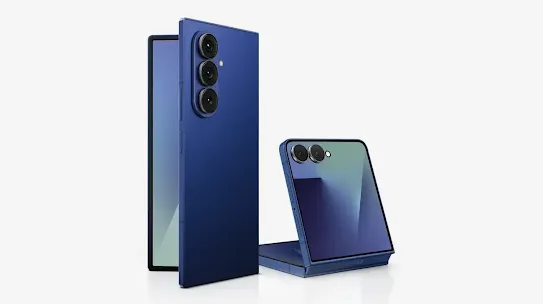 Blue Galaxy Z Fold7 and Galaxy Z Flip7 phones are propped up. Fold7 is opened up like a book and the Flip7 is in the clamshell position.