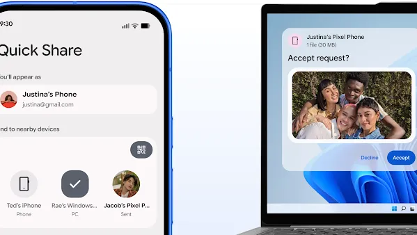 Một thiết bị Android dùng tính năng Chia sẻ nhanh để gửi ảnh sang một chiếc máy tính xách tay chạy Windows. 