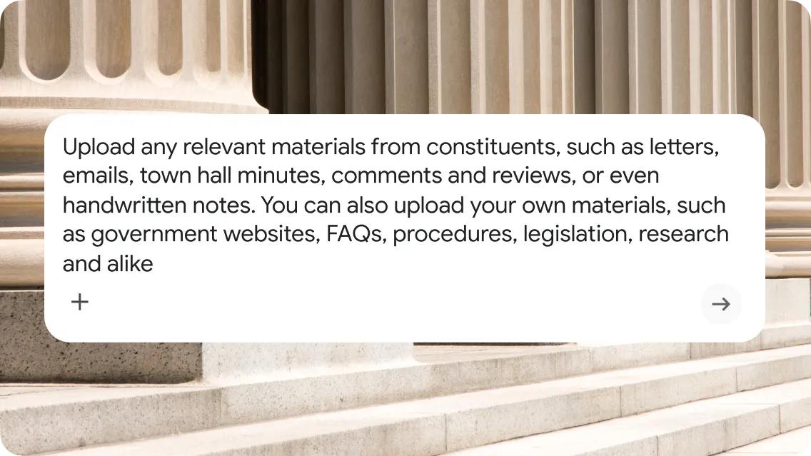  A background of architectural stone columns with a text bubble overlay describing the ability to upload constituent materials, government websites, and legislation for AI analysis.