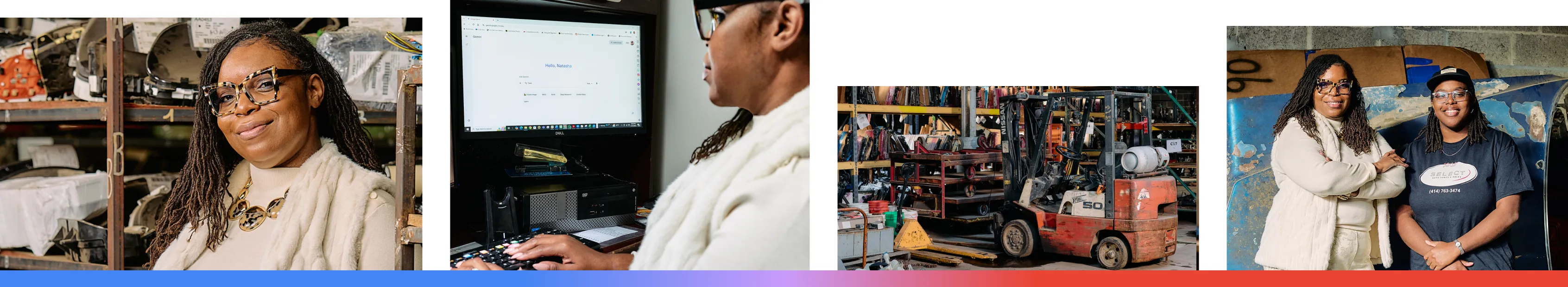 Four images of Natasha Broxton, CEO of Auto Select Parts & Sales, an indoor used auto parts recycler based in Milwaukee, Wisconsin.