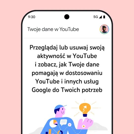 Ilustracja przedstawiająca ekran smartfona z otwartą aplikacją YouTube, w której widać komunikat Twoje dane na YouTube zawierający szczegółowe informacje na temat przeglądania i usuwania historii aktywności.