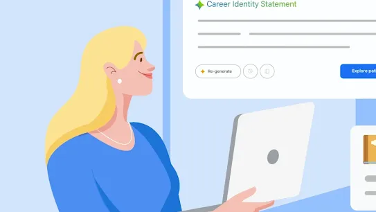 A flat vector illustration of a blonde woman smiling while holding a laptop. Floating in the background is a digital UI window titled "Career Identity Statement" with a Gemini sparkle icon and a "Re-generate" button, symbolizing how AI tools can assist in personal branding and the job search process.