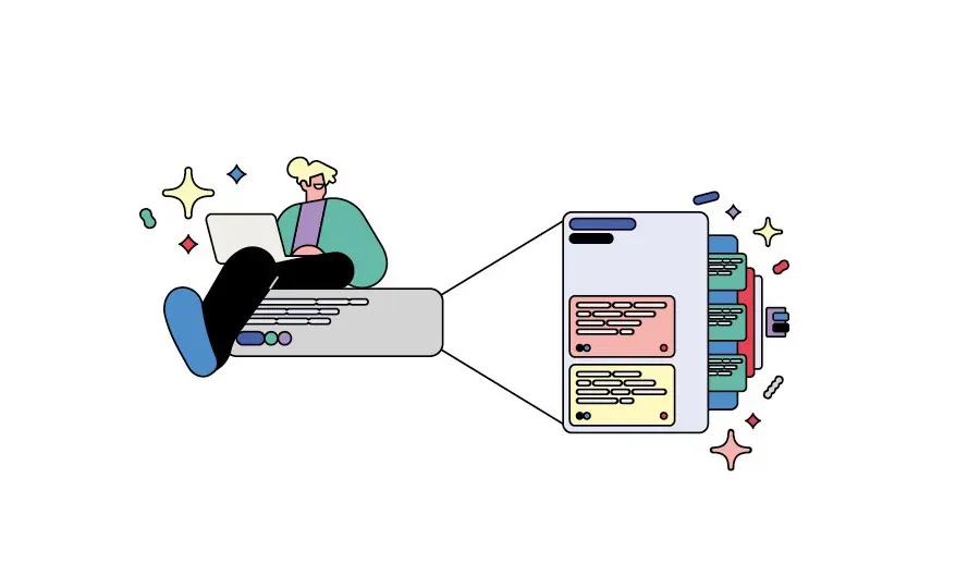 A person sitting with a laptop, looking into a magnified view of structured code or data blocks, symbolizing technical transparency.
