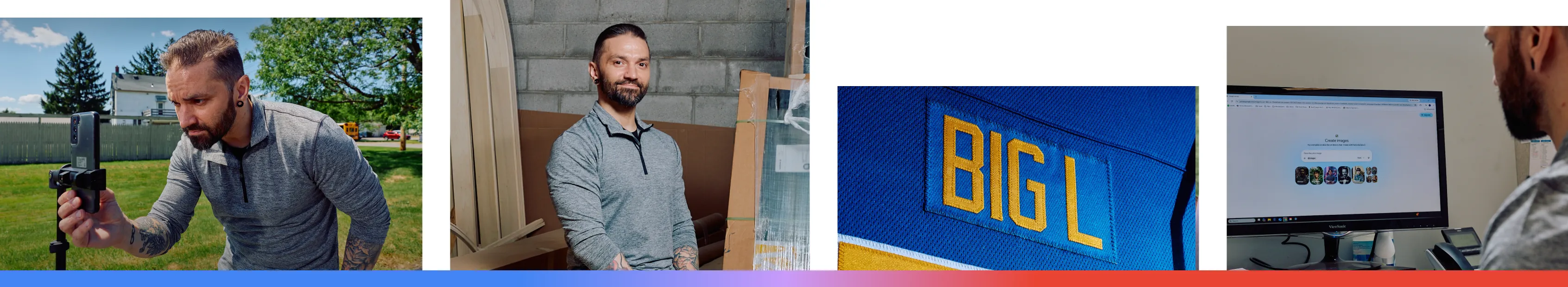 Four images of Justin Gutowski, the Marketing Manager at Big L Windows and Doors, a home improvement and commercial supply company serving western New York.