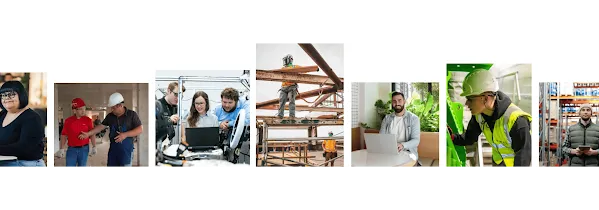 A panoramic collage featuring diverse professionals in various work environments, including a woman in an office, construction workers on-site, engineers with a laptop, a high-rise steel worker, and a warehouse logistics manager.