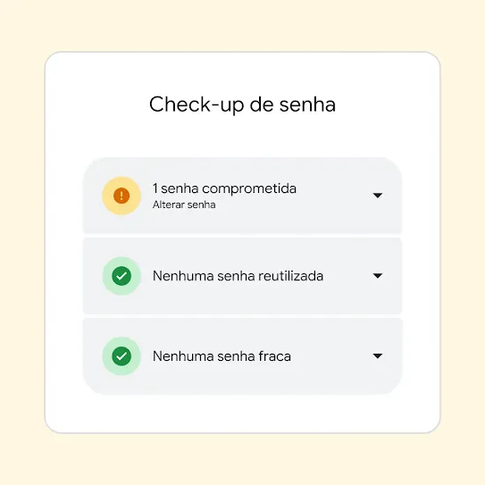 Interface do Check-up de Senha mostrando resultados, incluindo uma senha comprometida e uma sugestão para mudar essa senha.
