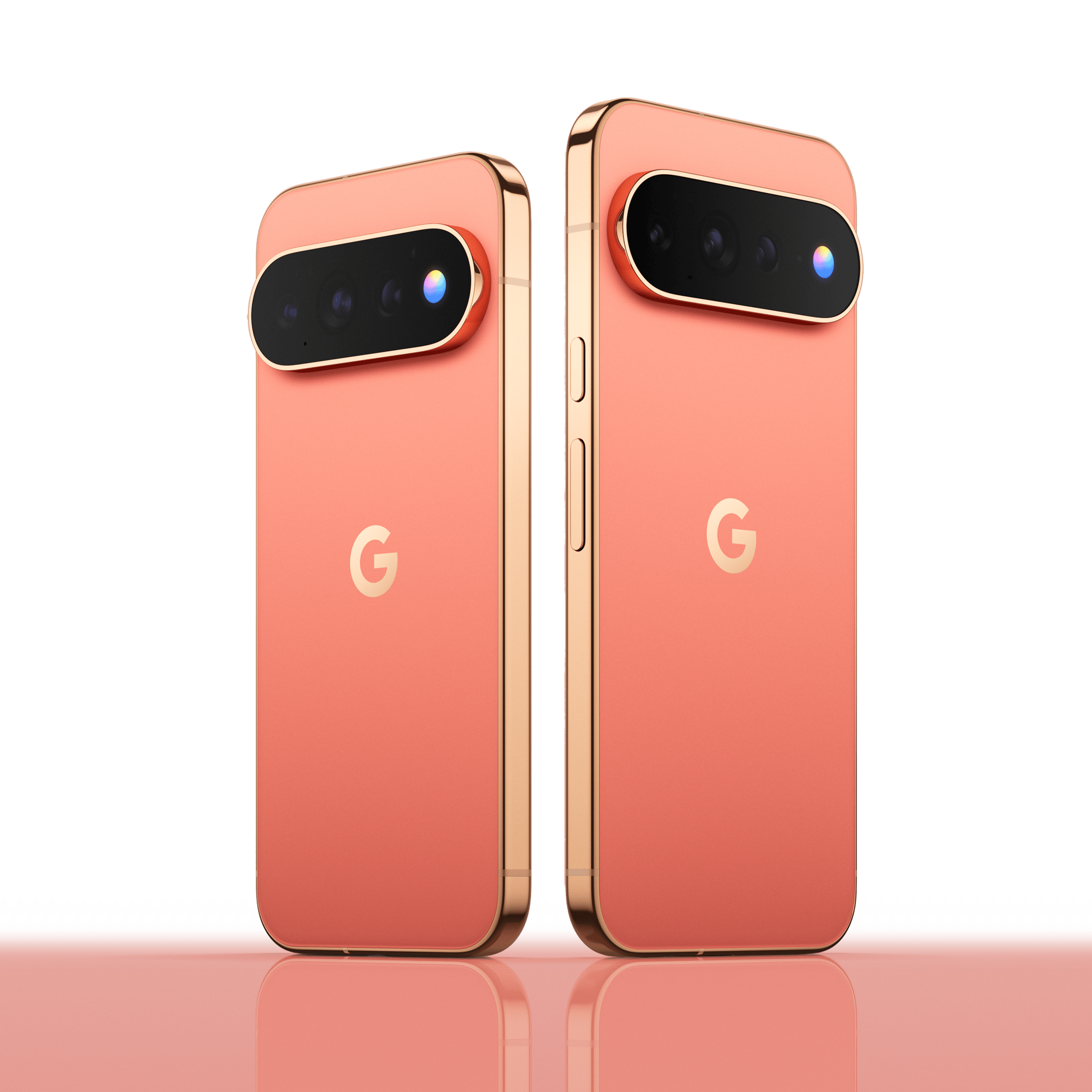 An angled side-by-side view of the back of the Pixel 11 Pro and Pro XL in Canyon.