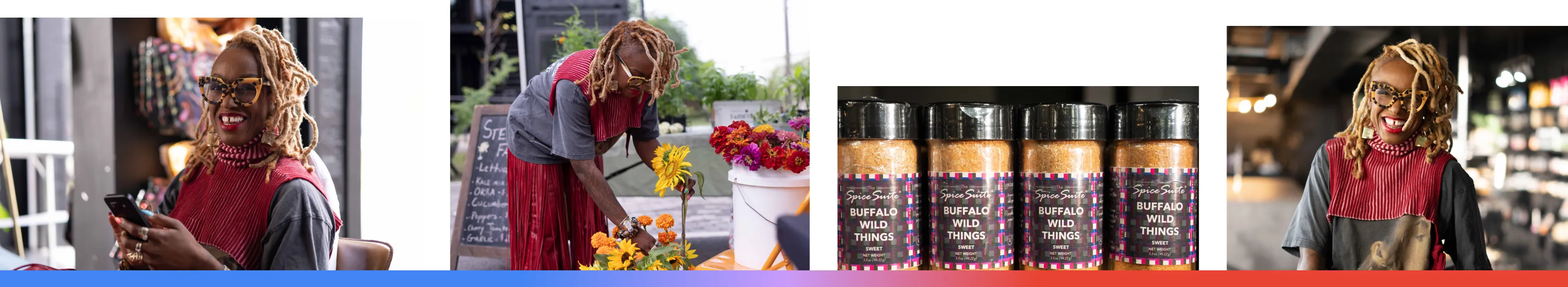 Four images of Angel Gregorio, the founder and CEO of spice shop The Spice Suite and Black and Forth, a community-centric strip mall, in Washington, D.C.