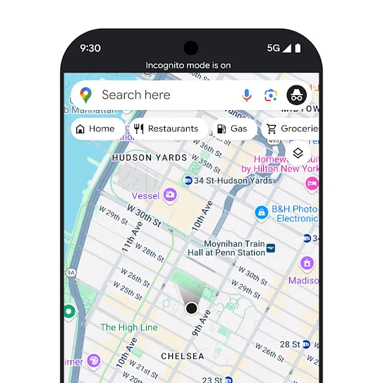 Visual of a smartphone with Google Maps open, with on-screen text showing that Incognito mode is on.