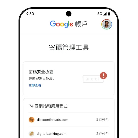 手機圖片，顯示密碼安全檢查 UI。