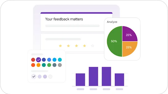 Graphic representation of a survey form titled "Your feedback matters", featuring a star rating system, a color palette customization panel, a pie chart showing analysis percentages (50%, 25%, 25%), and a purple bar graph.
