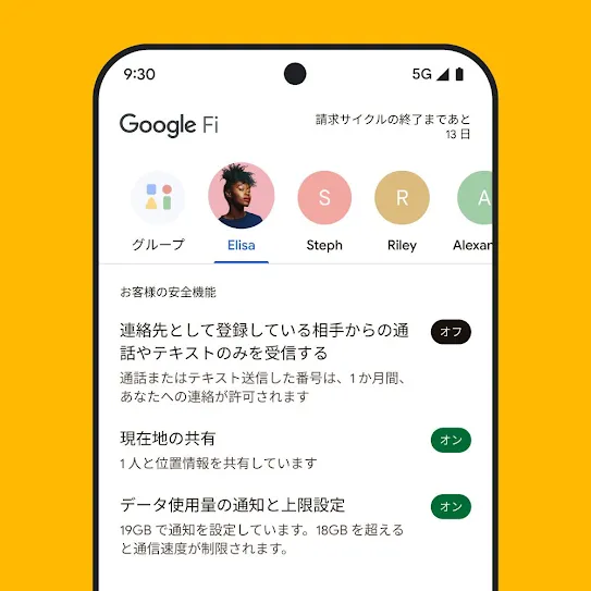 Google Fi Wireless が開かれているスマートフォン画面のビジュアル。上部に連絡先が横に並んでおり、その下に、現在地の共有やデータ使用量の通知などの安全機能のリストが表示されている。