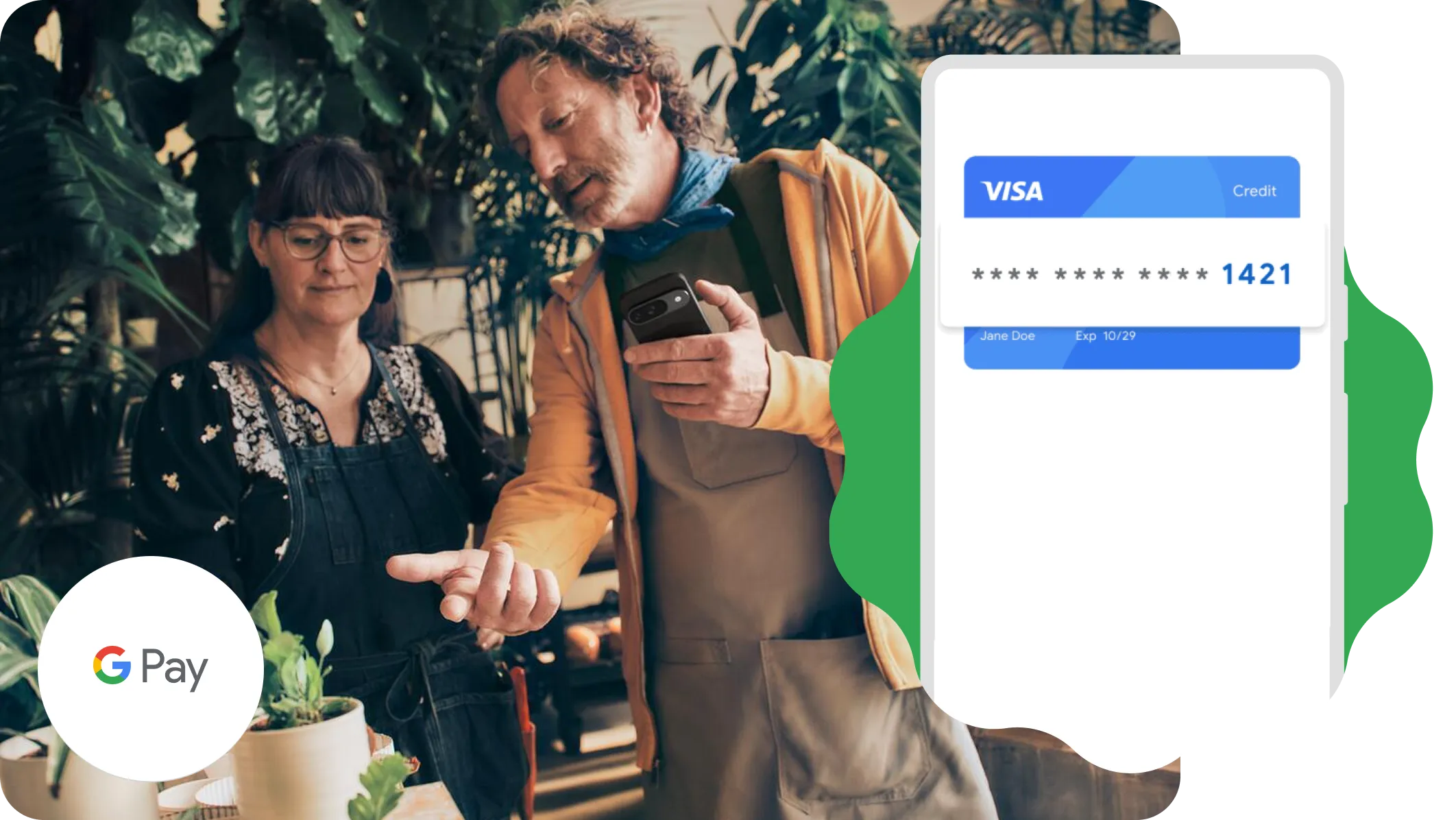 An image of two employees at a flower shop with their phone. A graphic overlay of an outline of an Android phone with an encrypted credit card inside it is placed on the image.
