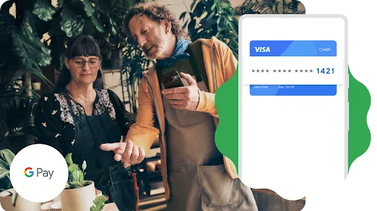 An image of two people in a plant shop looking at a plant together while one person holds a phone. A graphic overlay of an outline of an Android phone with an encrypted credit card inside it is placed on the image.