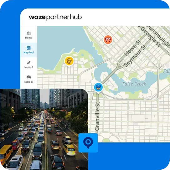 Waze Partner Hub dashboard showing live city traffic map management and mobility analytics