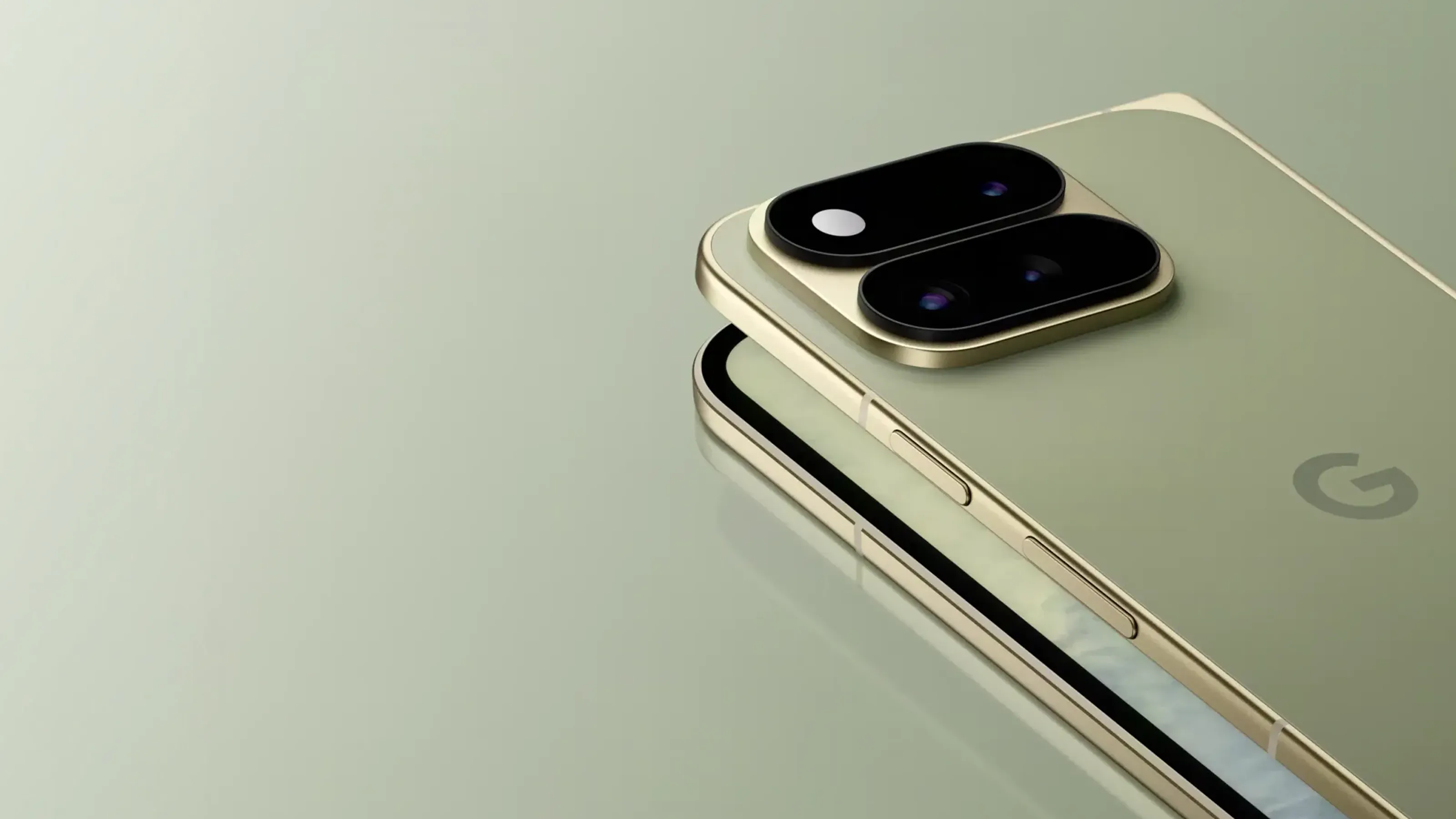 The back view of a Pixel 11 Pro Fold in Olive with it slightly unfolded. 