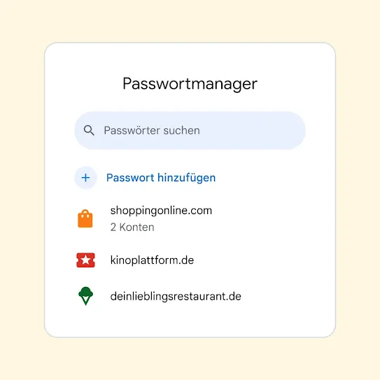 Benutzeroberfläche des Passwortmanagers mit einem Feld zum Suchen von Passwörtern über einem Link zum Hinzufügen von Passwörtern