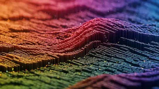 An abstract 3D digital visualization representing data structures or artificial intelligence evolution. The landscape is formed by thousands of tightly packed, vertical bars of varying heights that create a rolling, wave-like terrain. Lines of tiny glowing code and text strings are projected across the top surfaces of the bars. The scene is illuminated by a vibrant, blended color gradient transitioning from warm orange and red on the left to deep magenta, blue, and purple on the right, with green highlights visible in the foreground valleys.