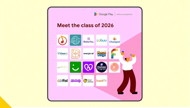 An animated gif features grids of logos representing the 38 companies selected to participate in the Play Apps Accelerator.