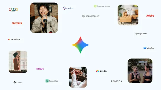 A collage of logos and images – including someone smiling in front of a microphone – float around the Gemini app logo.