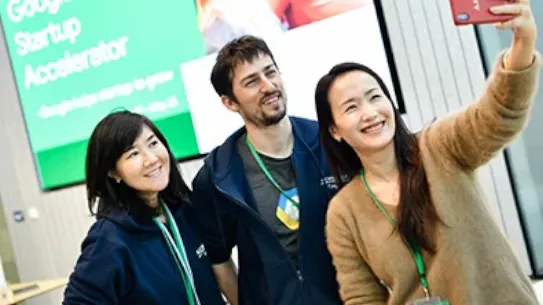 The Baobab team takes a selfie in front of the Google for Startups Accelerator