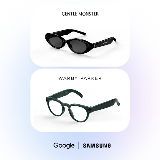 A pair of black Gentle Monster intelligent eyewear sunglass frames above a pair of green Warby Parker intelligent eyewear glasses frames.