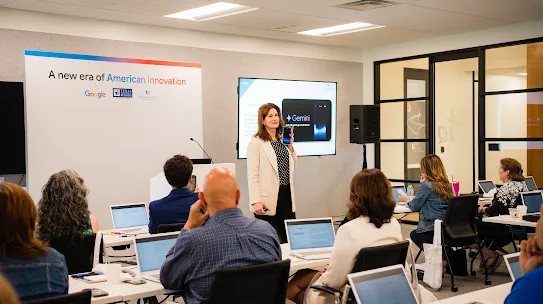 A presentation titled "A new era of American Innovation" featuring Google Gemini, where a speaker holds up a smartphone while several attendees follow along on their laptop