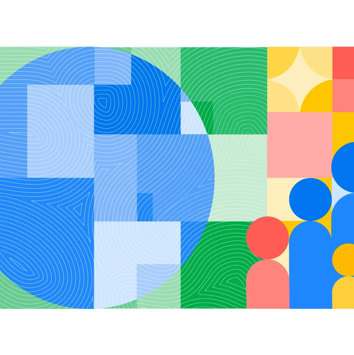 Blue sphere over green checkerboard, stylized multi-colored geometric family, yellow/pink/red square and circle background.