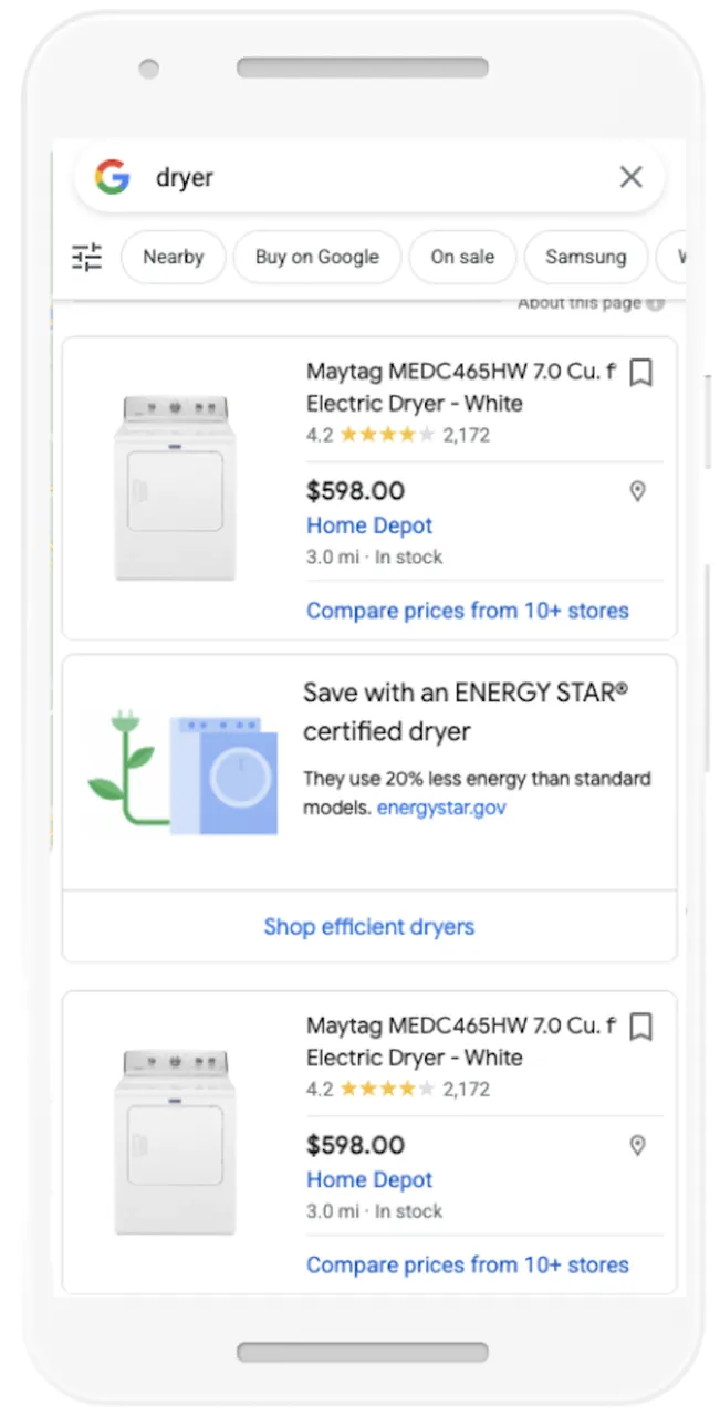 Élément d'interface utilisateur de Google Shopping suggérant des options plus écoresponsables et économes en énergie lors d'une recherche d'appareils ménagers énergivores.