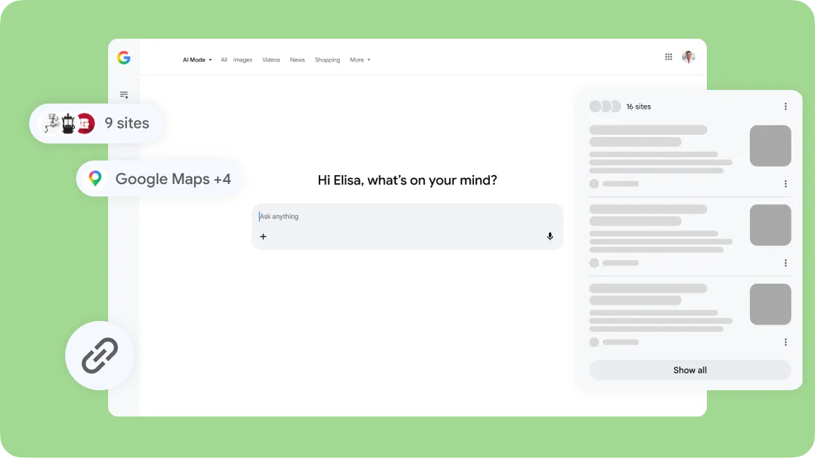 A screenshot of the Google search interface customized for a user named Elisa, set against a solid green background. The main search window displays the greeting, "Hi Elisa, what's on your mind?" with a blank text input box below it containing a "+" icon on the left and a microphone icon on the right. In the upper right corner, there is a small circular profile picture.
