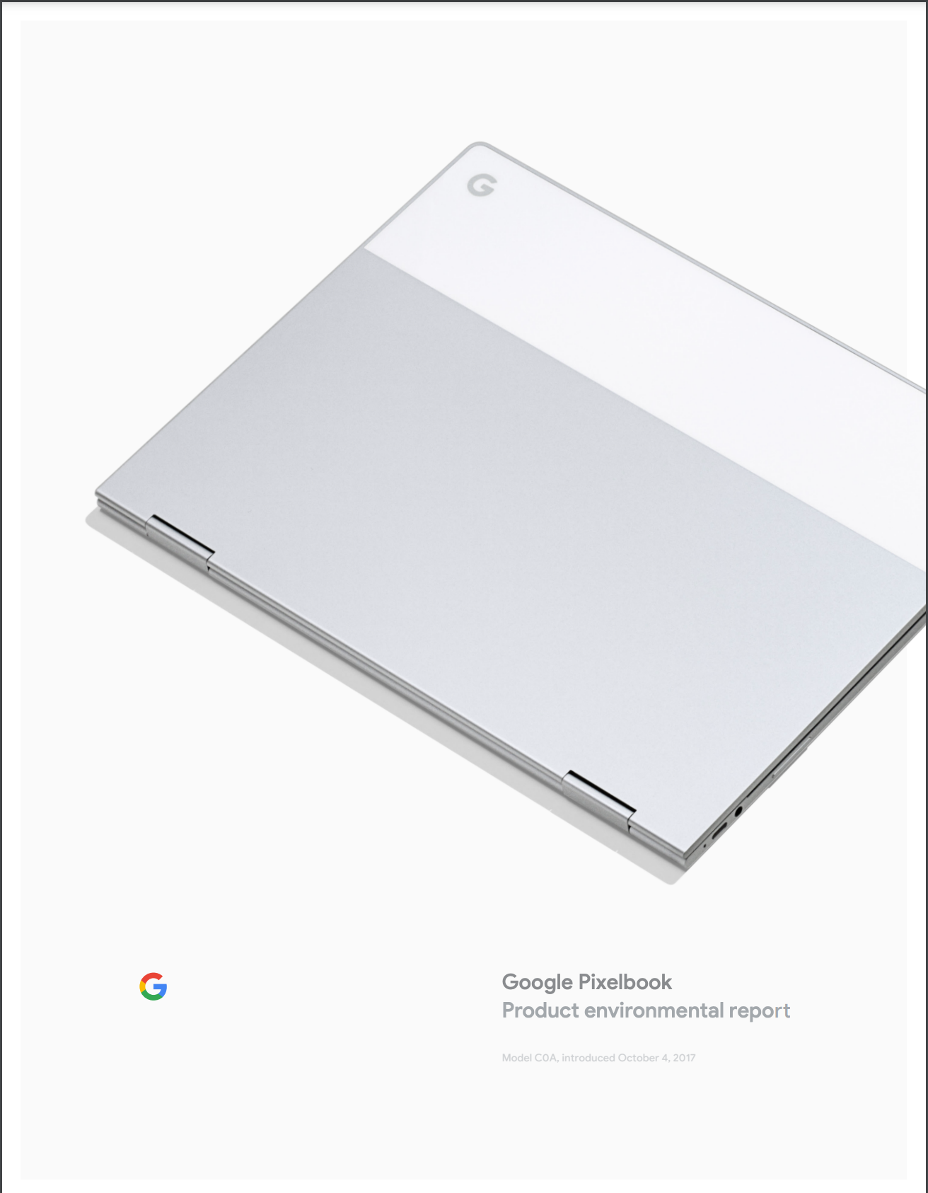 Cover image of the Google Pixelbook Product Environmental Report