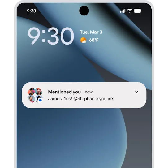 Mentioning a contact in a message to a group chat in Google Messages to get the person’s attention with a notification on an Android phone.