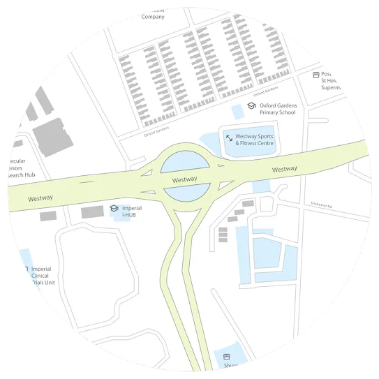 Map of a Westway roundabout in North Kensington, London, showing nearby buildings and sites.