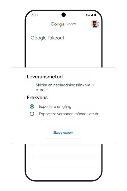 Bild på telefon med användargränssnitt för alternativ för dataportabilitet.