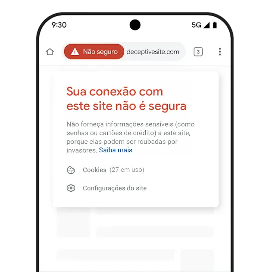 Um smartphone mostrando uma notificação de conexão não segura